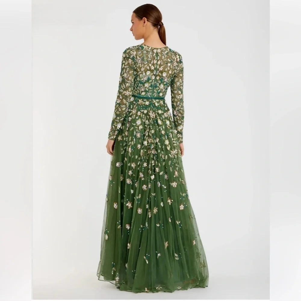 Mac Duggal Green Embellished Long Sleeve A Line Gown - Picture 2 of 9